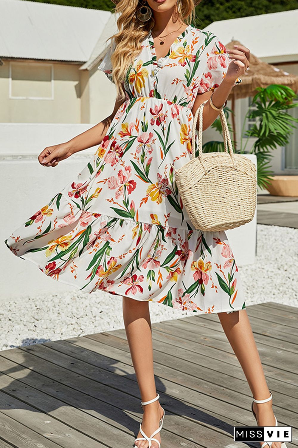 Floral Print V Neck Dress Wholesale