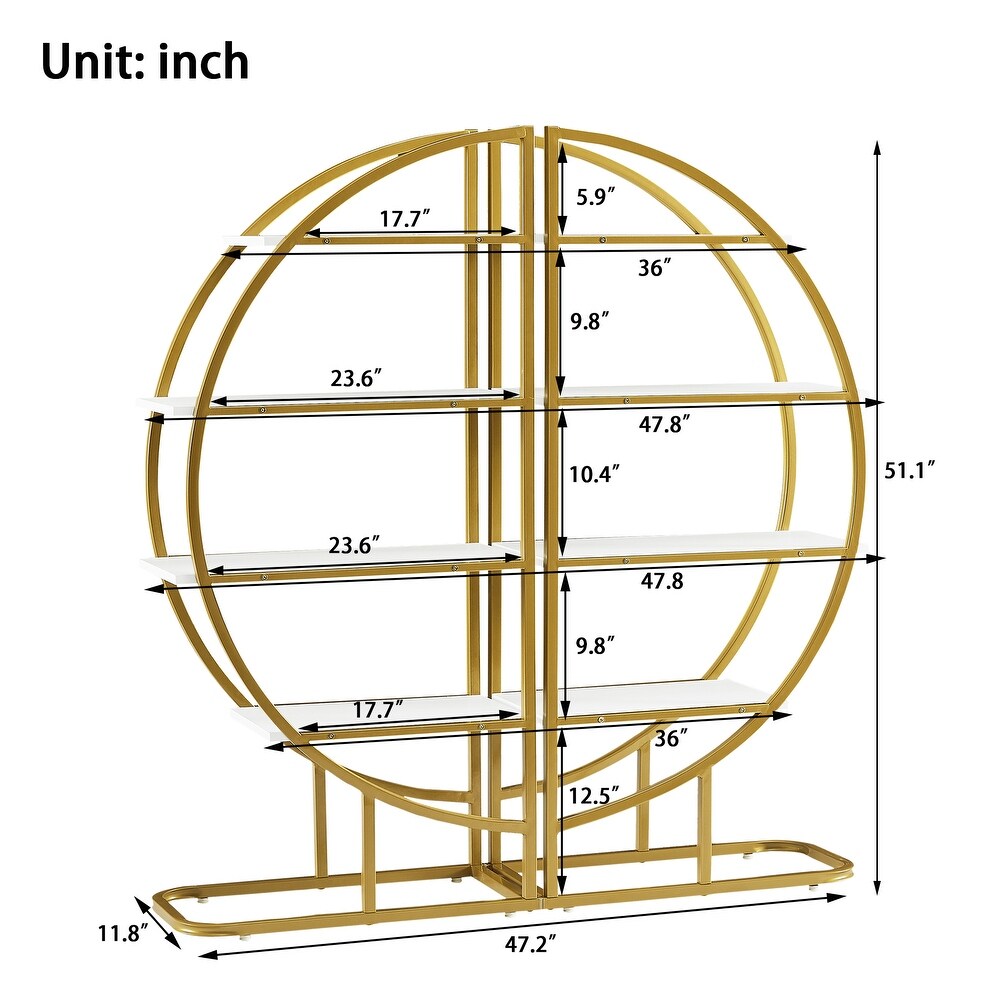 4 Tiers Home Office Round Shape Open Bookshelf with Gold Metal Frame