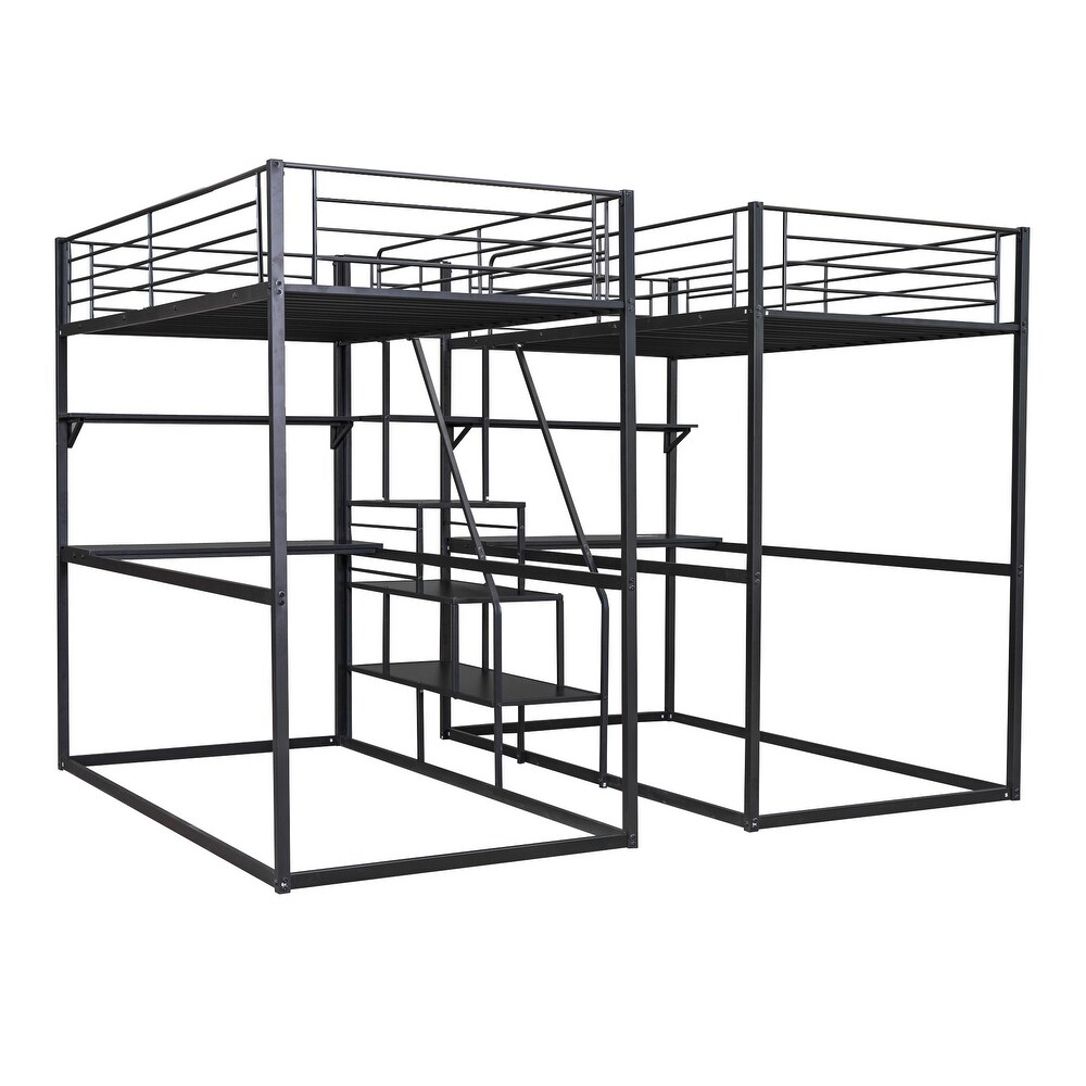 Black Metal Double Twin over Twin Bunk Bed with Two Desks  Shelves  and Storage Staircase  Space Saving  Large Storage