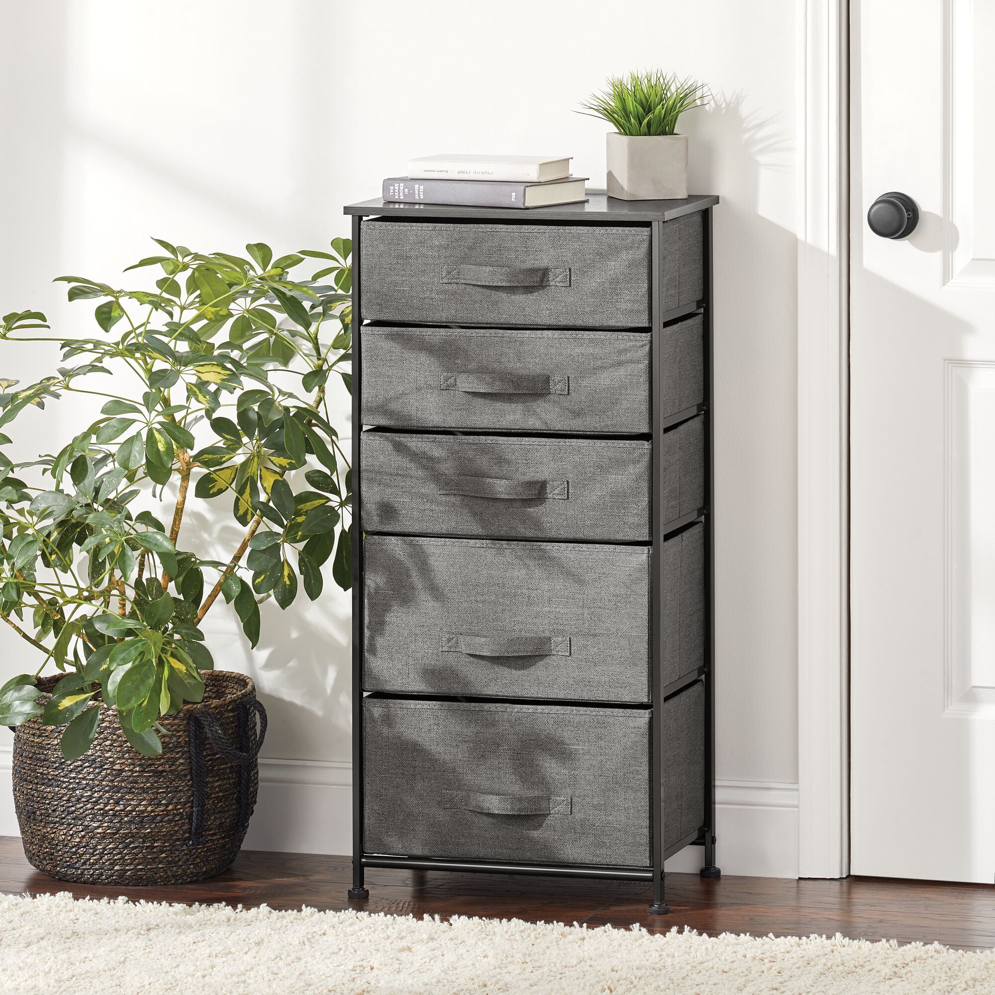 mDesign Storage Dresser Furniture Unit - Tall Standing Organizer Tower for Bedroom, Office, Living Room, and Closet - 5 Drawer Removable Fabric Bins - Charcoal Gray