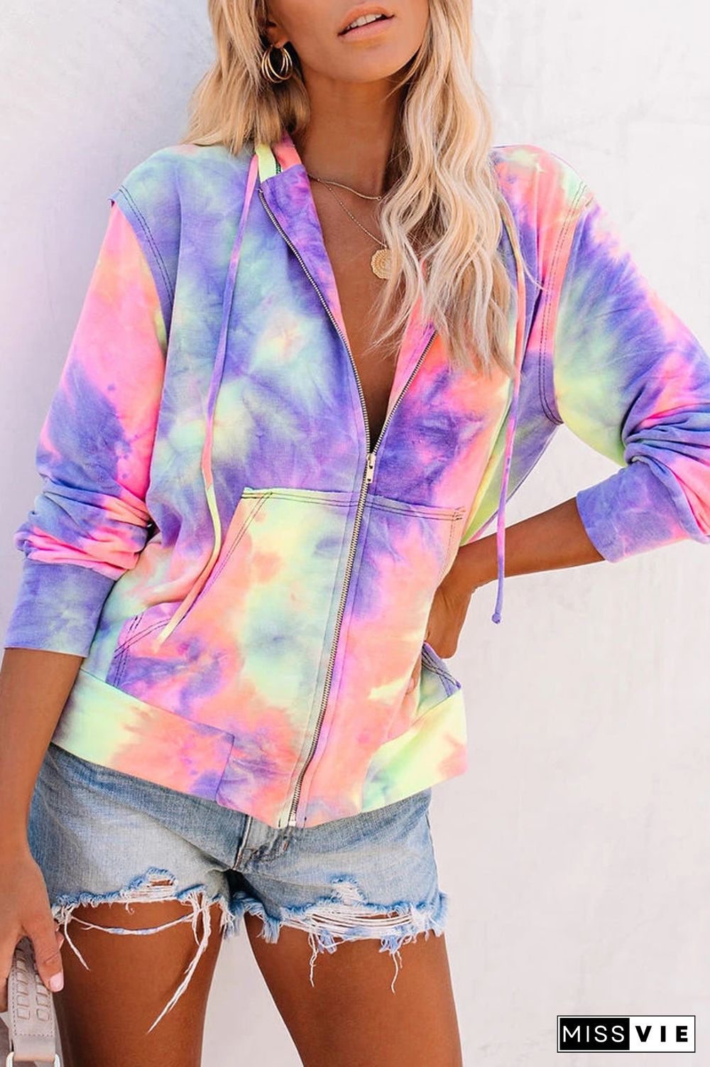 Hooded Collar Tie Dye Zipper Pocket Hoodies