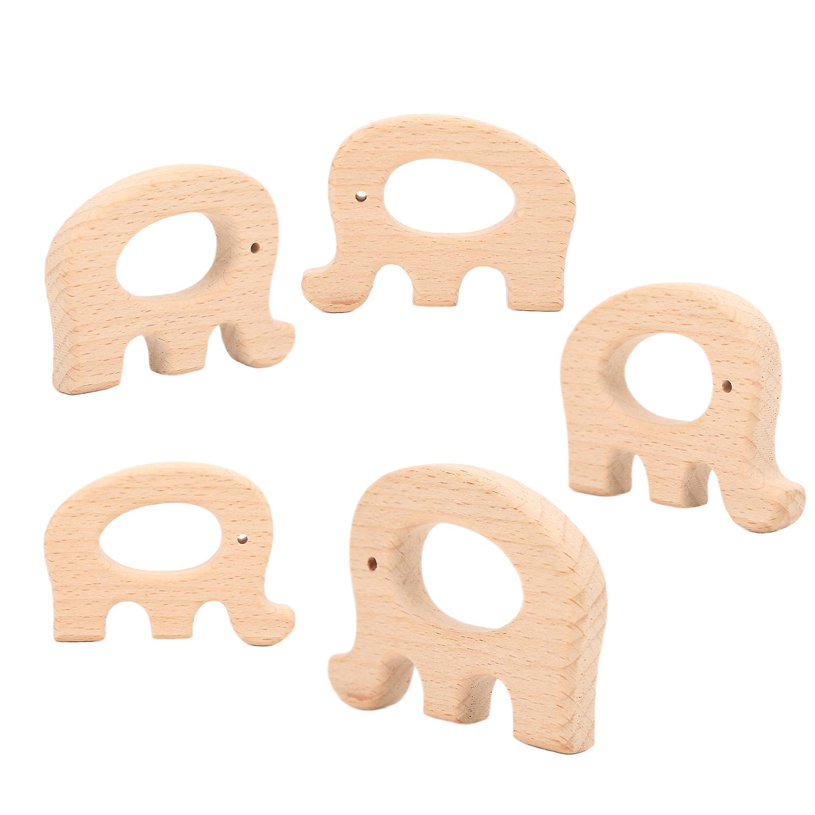 5pcs Wooden Teether Toys Natural Beech Sturdy Durable Impact Resistance Smooth Safe Non Toxic Wood Teething Ringselephant