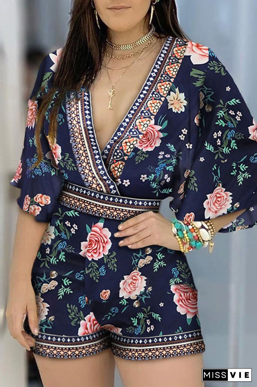 Floral Wide Sleeve V-Neck Romper