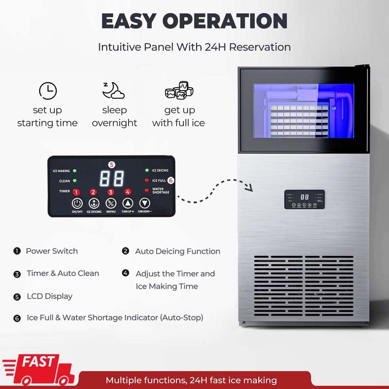 180LBS/24H Commercial Ice Maker with 35LBS Ice Storage Bin, Self-Cleaning Stainless Steel Under Counter Freestanding Ice Machine