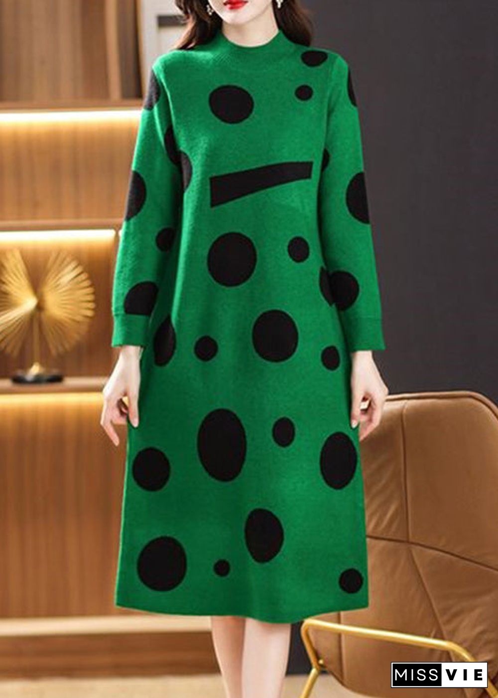 Green Dot Print Patchwork Knit Sweater Dress Turtleneck Long Sleeve