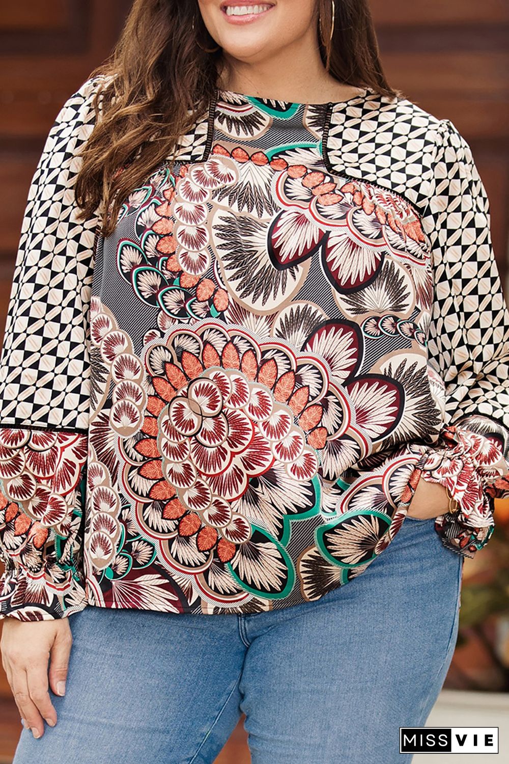 Black Plus Size Mixed Print Long Sleeve Blouse