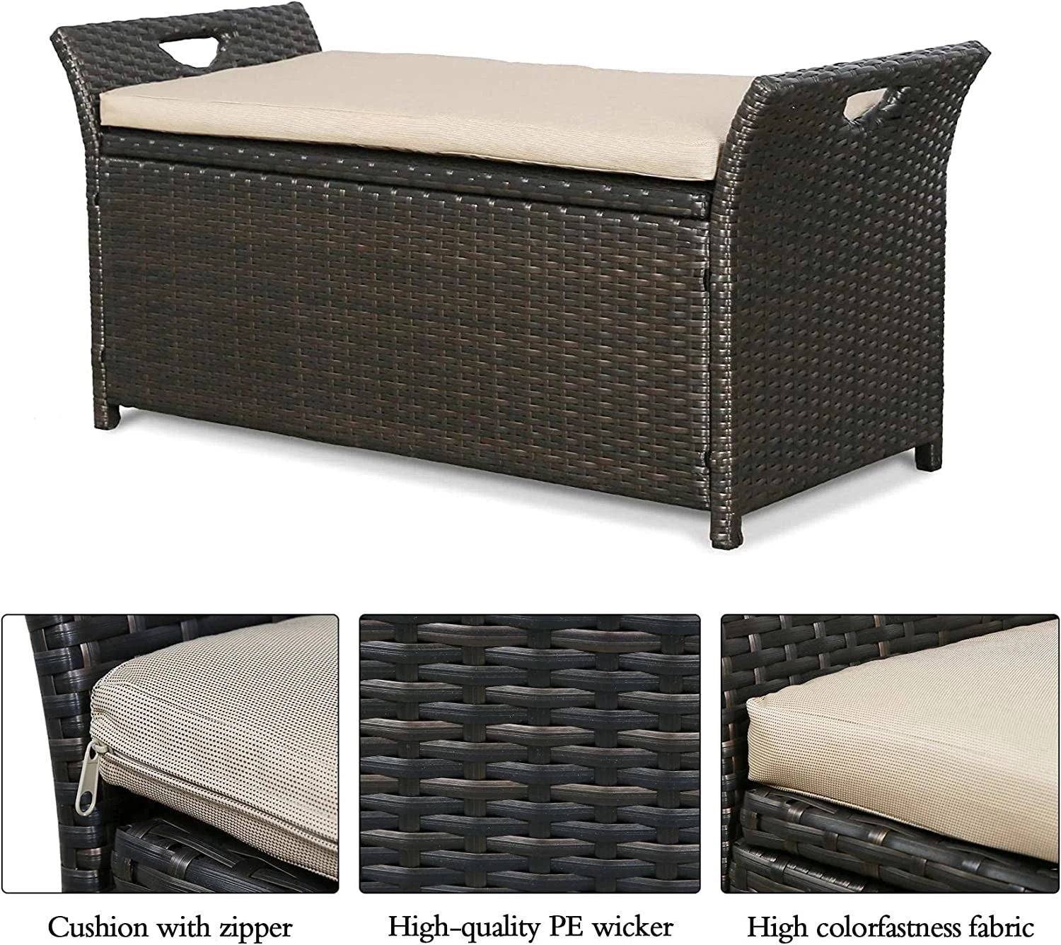 Patio Wicker Storage Bench Outdoor Rattan Deck Storage Box with Cushion