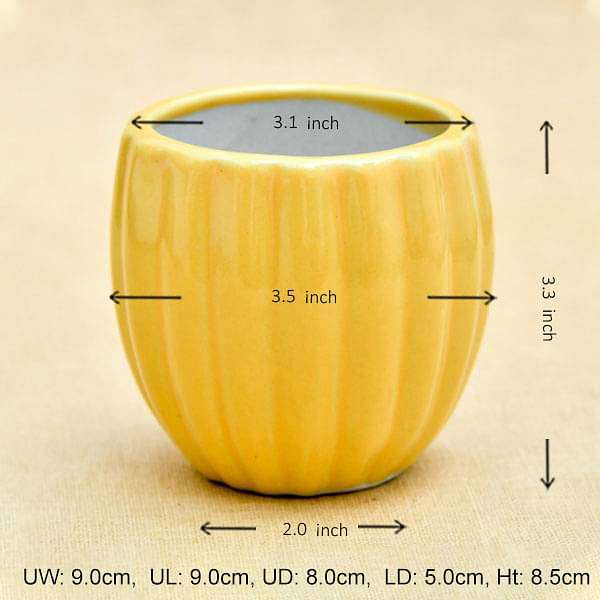 3.1 inch (8 cm) Vertical Ridges Pattern Round Ceramic Pot (Yellow) (set of 2)