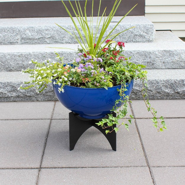 Wide Planter Bowl Galvanized Steel With Black Wrought Iron Norma Plant Stand French Blue