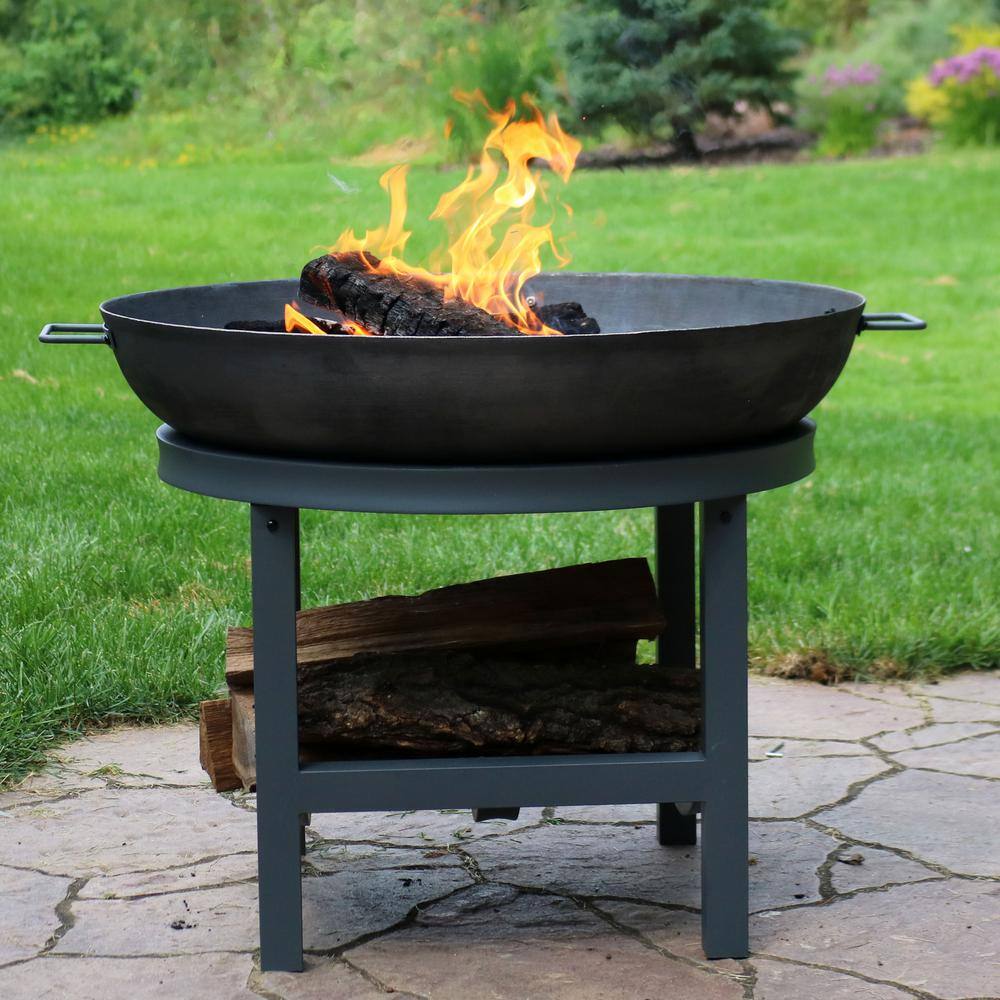 Sunnydaze Decor 35 in. W x 24 in. H Round Cast-Iron Wood Burning Fire Pit with Built-in Log Rack RCM-LG802