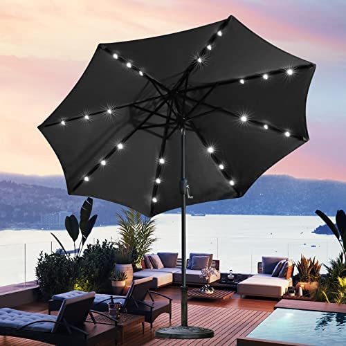 Sunnyglade 9′ Solar LED Lighted Patio Umbrella with 8 Ribs/Tilt Adjustment and Crank Lift System (Black)