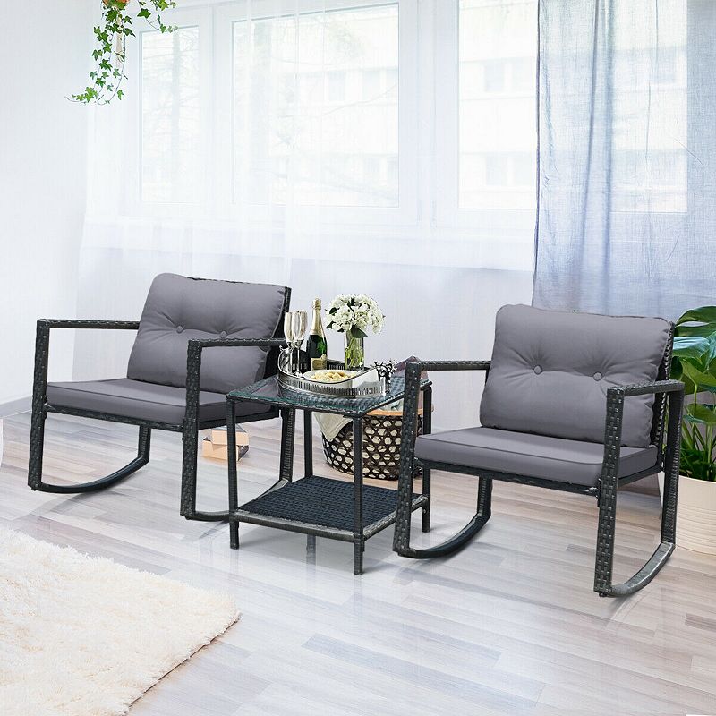 3 Pcs Wicker Rocking Bistro Set with Glass Coffee Table and Storage Shelf