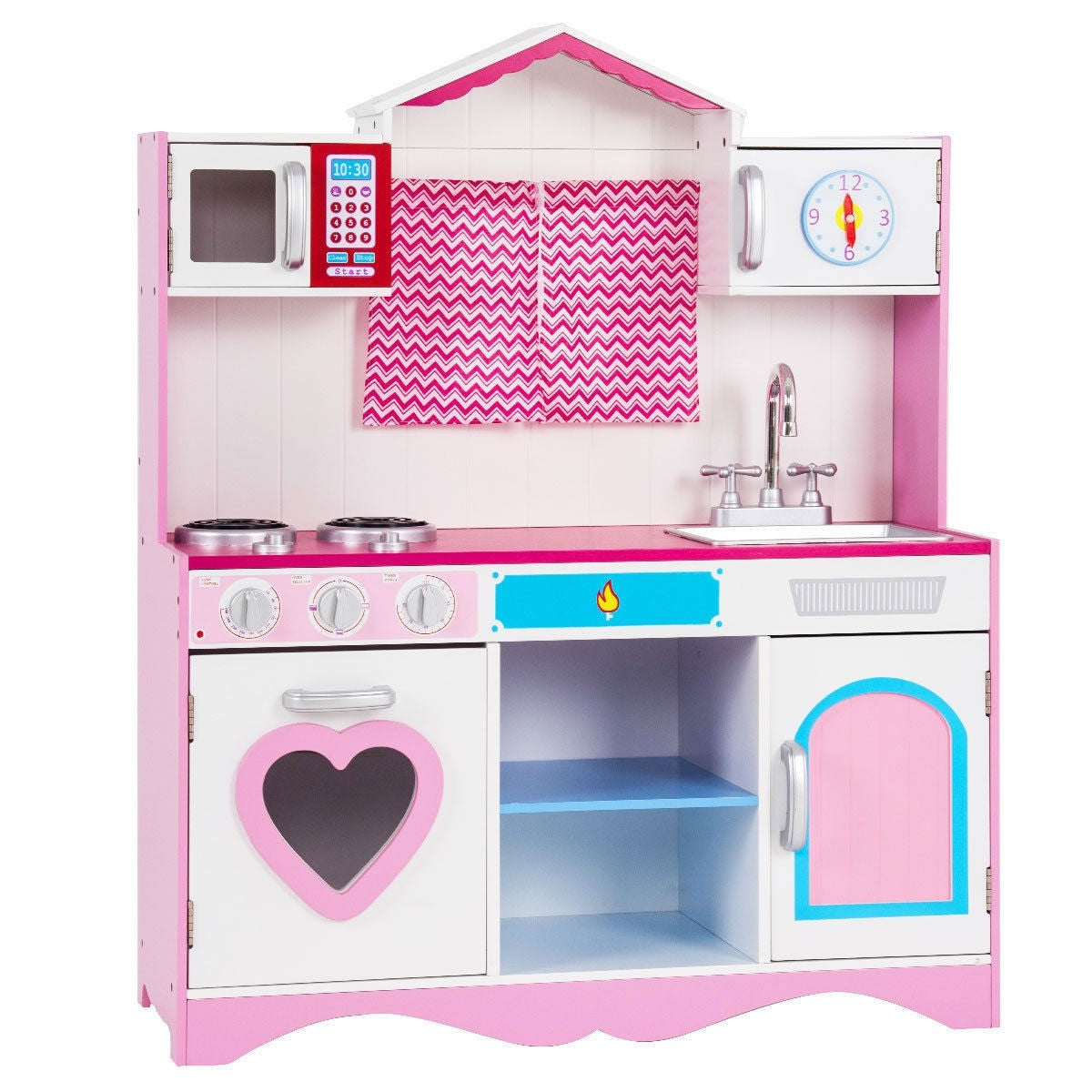 Costzon Play Kitchen Set, Wooden Toy Kitchen for Chef's Pretend Cooking Play (39.5'' Height, Pink)