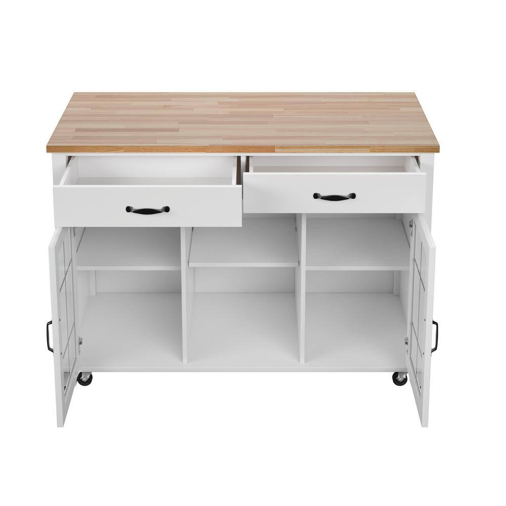 Twin Star Home Brilliant White and Wood Top 50 in. Kitchen Island with Cabinets and Optional Casters KC8671-PF08