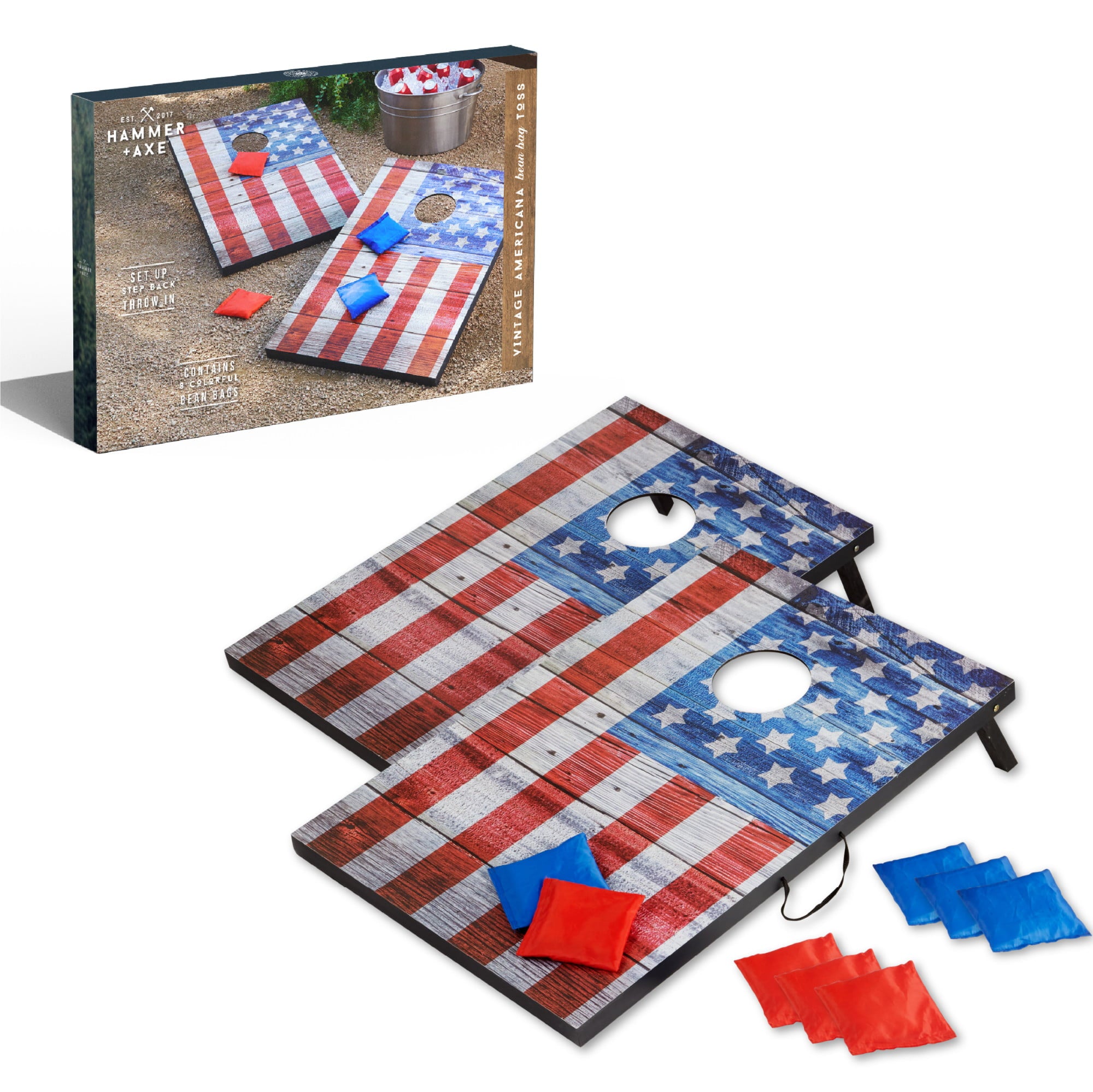 Hammer + Axe Wooden Bean Bag Cornhole Game, USA Edition, Includes 8 Bean Bags, two 3'x2' Boards