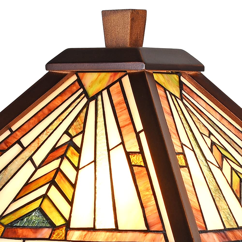 Vinplus Tiffany Table Lamp Night Light 16" Wide Handmade Stained Glass Lamp Shade 3 Light Wooden Frame Mission Style Vintage Table Lamp