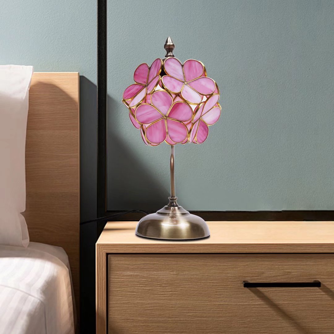 Oukaning Simple Bedroom Bedside Lamp Eye Protection Stained Glass Table Lamp European Petal Glass Table Lamp