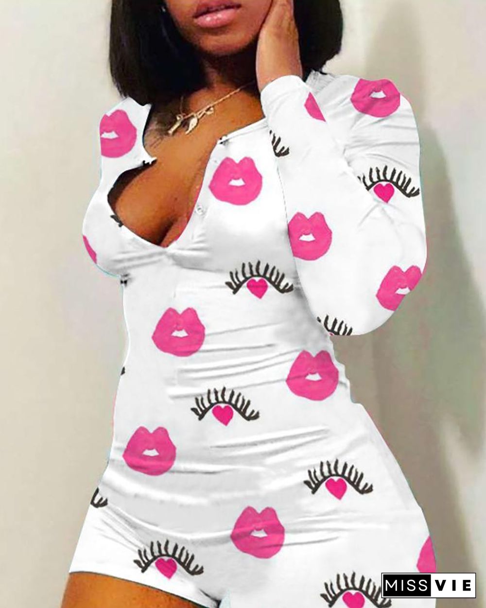 Lip Cartoon Print Plunge Romper P13274