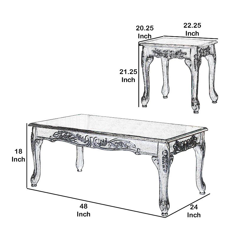 3 Piece Table Set with Cabriole Legs and Wooden Floral Motifs， Gray