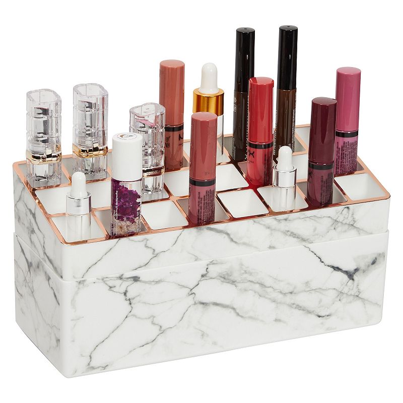 2-Tier Marble Makeup Organizer with Gold Trim， Lipstick Display Case， Brushes and Vanity Storage (9.15 x 4.5 x 3.75 in)