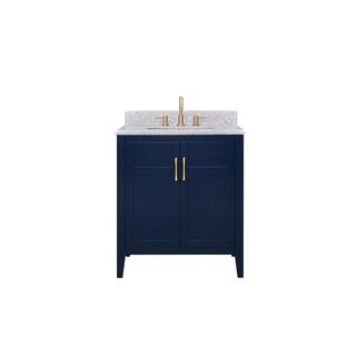 Home Decorators Collection Sturgess 31 in. W x 22 in. D x 35 in. H Bathroom Vanity in Navy Blue with Carrara White Marble Top 19111-VS31-NB