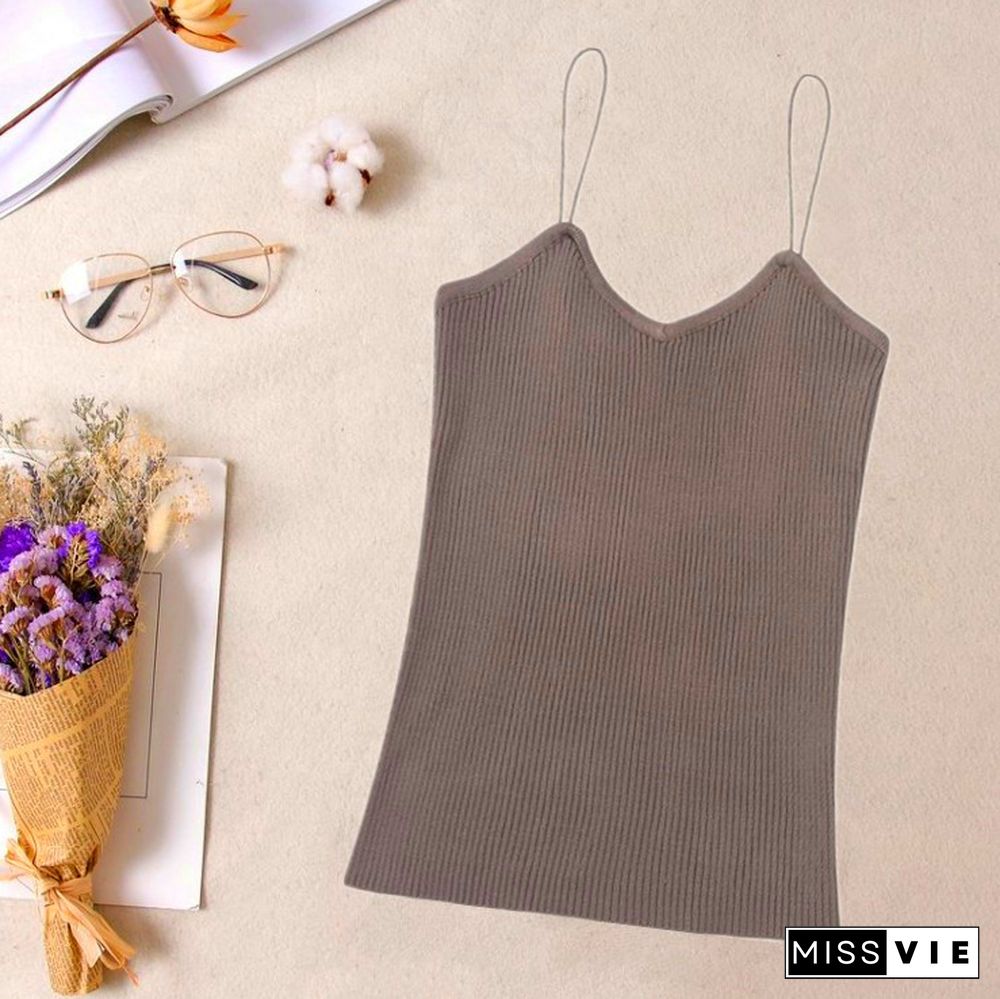 Women Knitted Tank Tops Sexy Spaghetti Strap Stretch Cropped Tops Striped Knit Camisole One Size Hot Sale Wdc4755