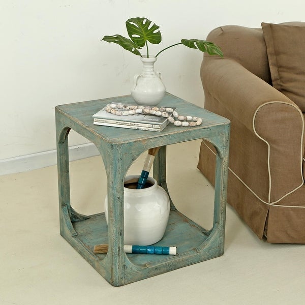 Artissance Versatile Peking Ming Side Table With Weathered Soft Aqua Wash， 24 Inch Tall