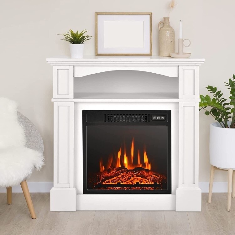 32 inch 1 400 Watt Electric TV Stand Fireplace with Shelf White   25 inches L x 9.5 inches W x 18.5 inches H