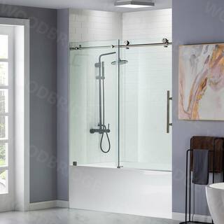 WOODBRIDGE Beccles 56 in. to 60 in. x 62 in. Frameless Sliding Bathtub Door with Shatter Retention Glass in Brushed Nickel HSD3627