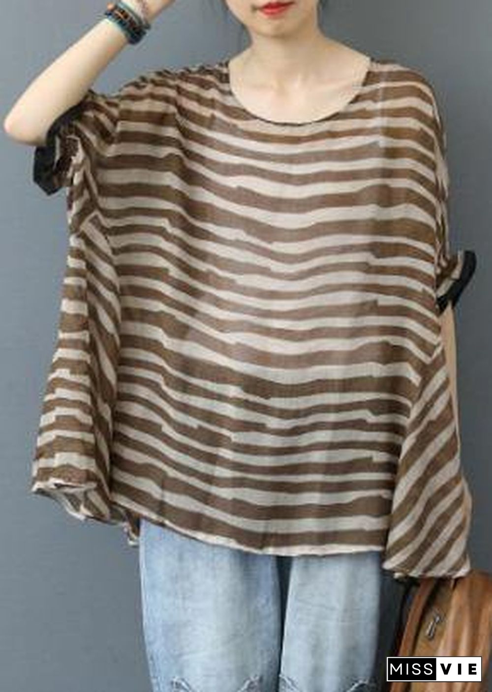 Elegant Chocolate Striped Clothes For Women O Neck Midi  Blouse