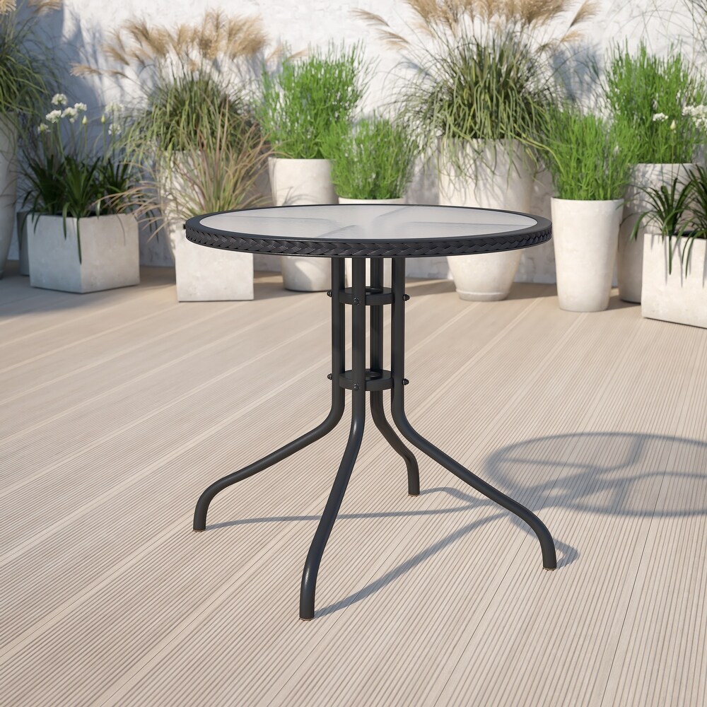 Round Tempered Glass/ Metal 28 inch Table with Rattan Edging