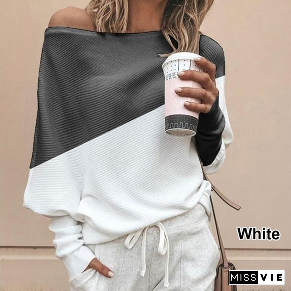 Fashion Women's Sweater Stitching Off-Shoulder Knit Long Sleeve T-Shirt Top Plus Size S-5XL