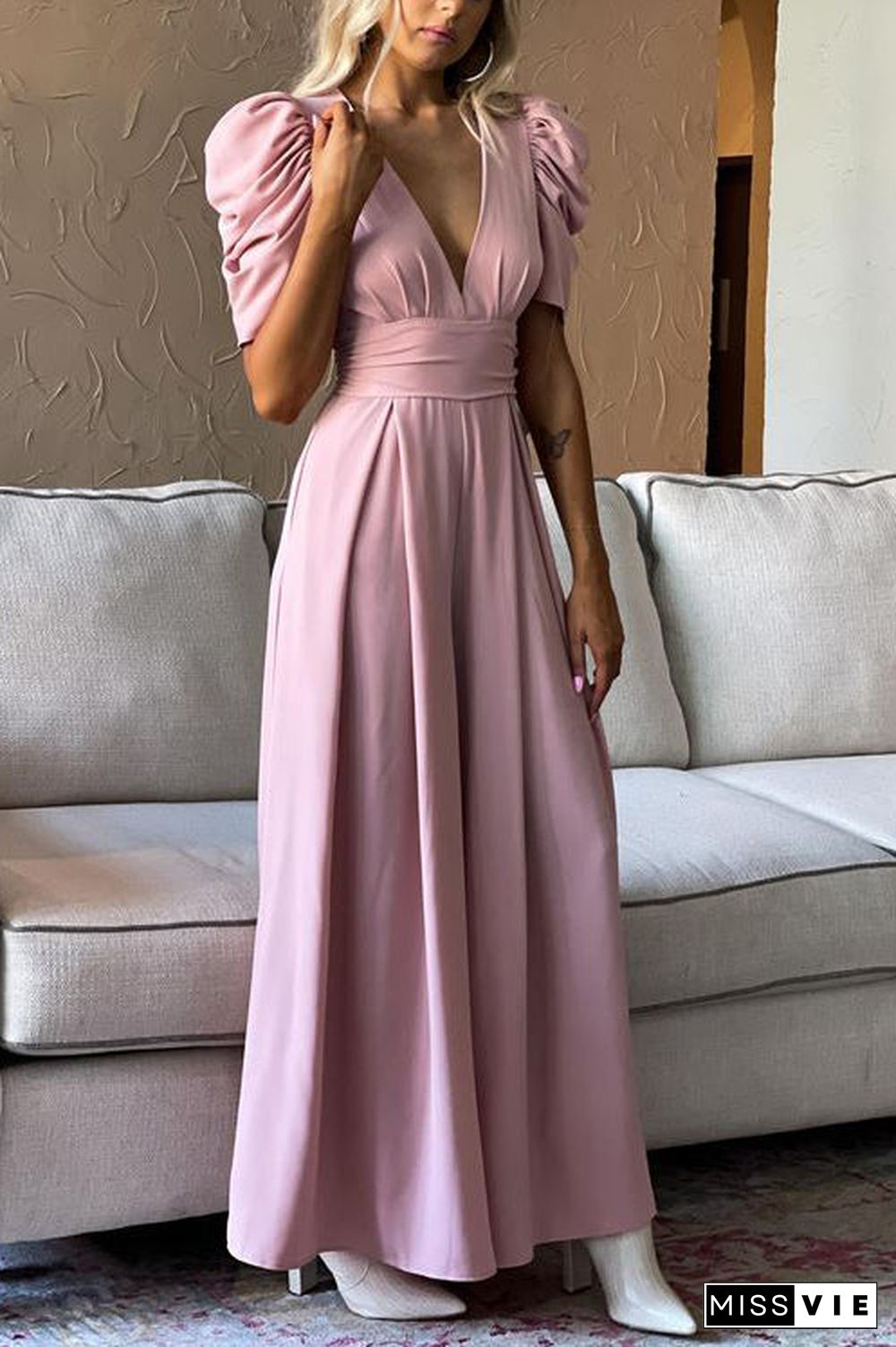 V Neck Puff Sleeve Belted Jumpsuit