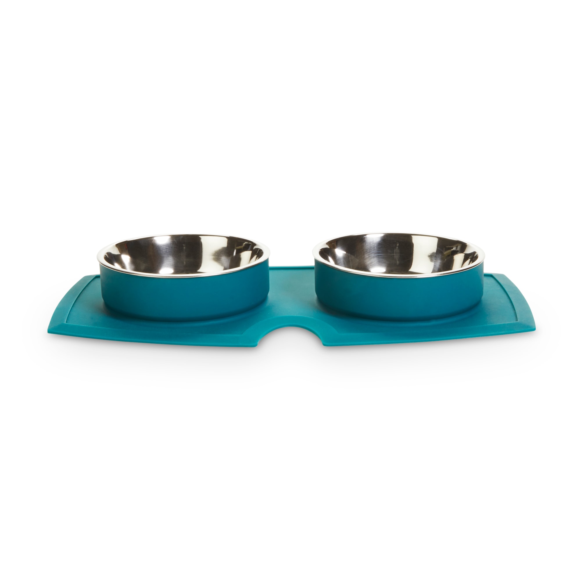 EveryYay Better Together Teal Silicone Double Diner with Stainless-Steel Bowls for Dogs， 2 Cups