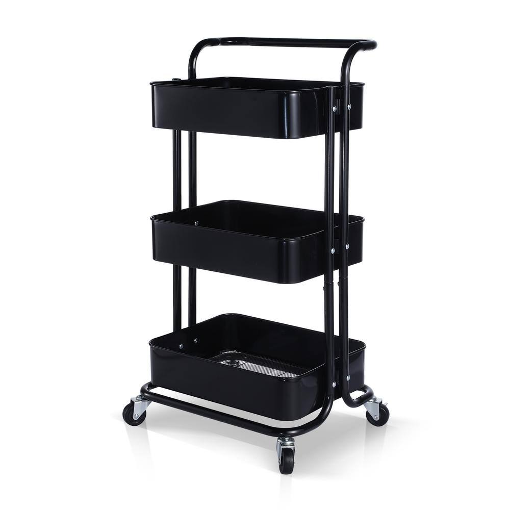 Huluwat 3-Tier Metal Storage Rolling Utility Cart with Wheels and Handle in Black DJYC-G-FNCART171333B