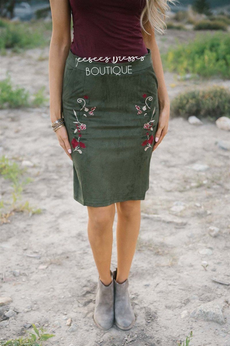 Suede Embroidered Pencil Skirt