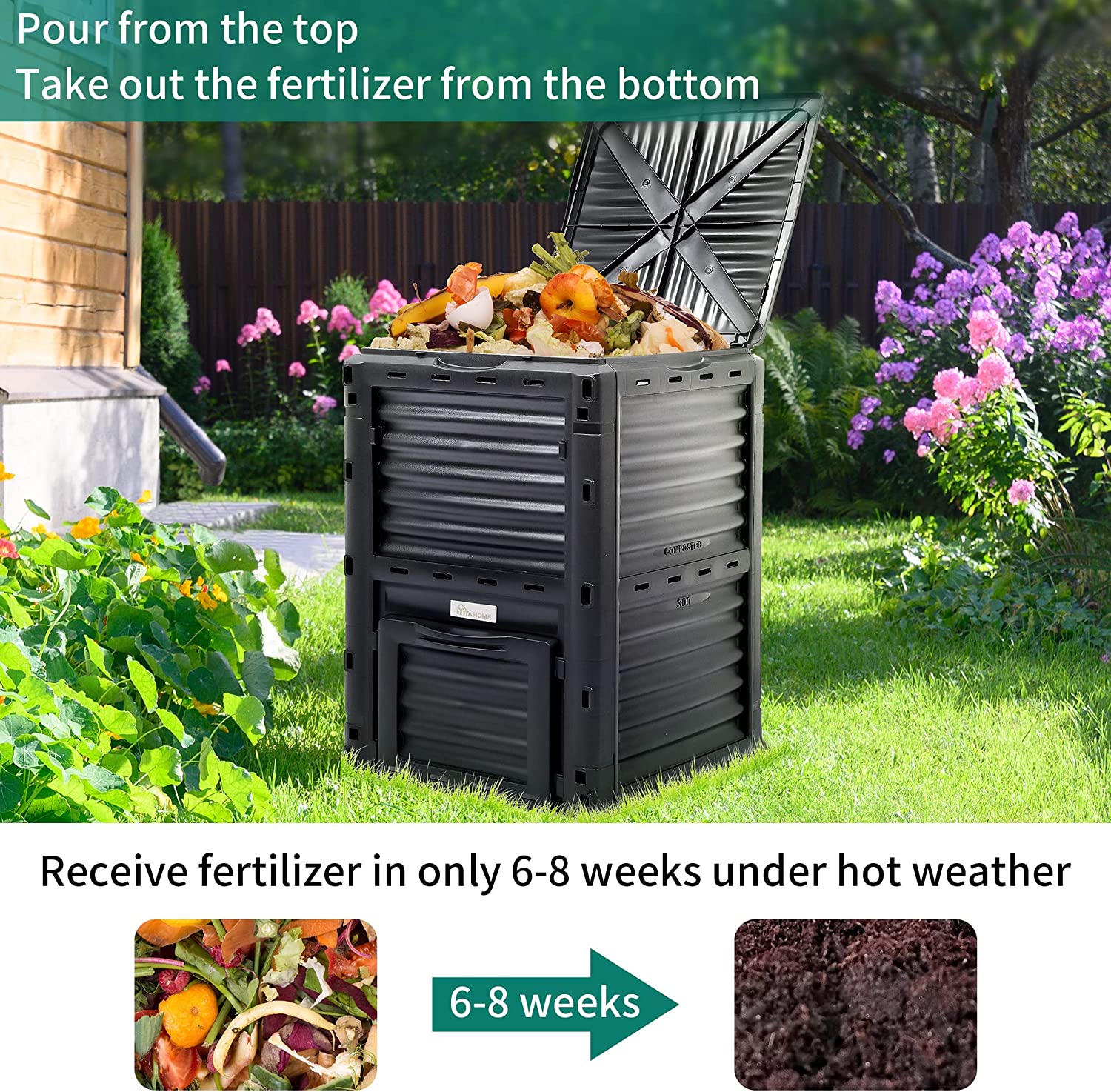 DWVO Large Outdoor Compost Bin, 80 Gallon (300L) Composter Box with Snap-on Top Lid and Aeration System, Lightweight Garden Compost Barrel Tumbler, Easy Assembly, BPA Free