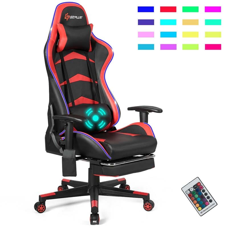 LED Massage Gaming Chair, Height Adjustable Racing Computer Office Chair with Footrest, Ergonomic High Back PU Swivel Game Chair