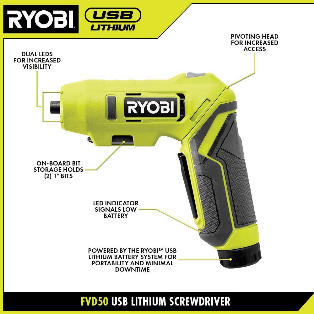 RYOBI USB Lithium Screwdriver Kit with FREE USB Lithium 2.0 Ah Lithium Rechargeable Battery FVD50K-FVB02