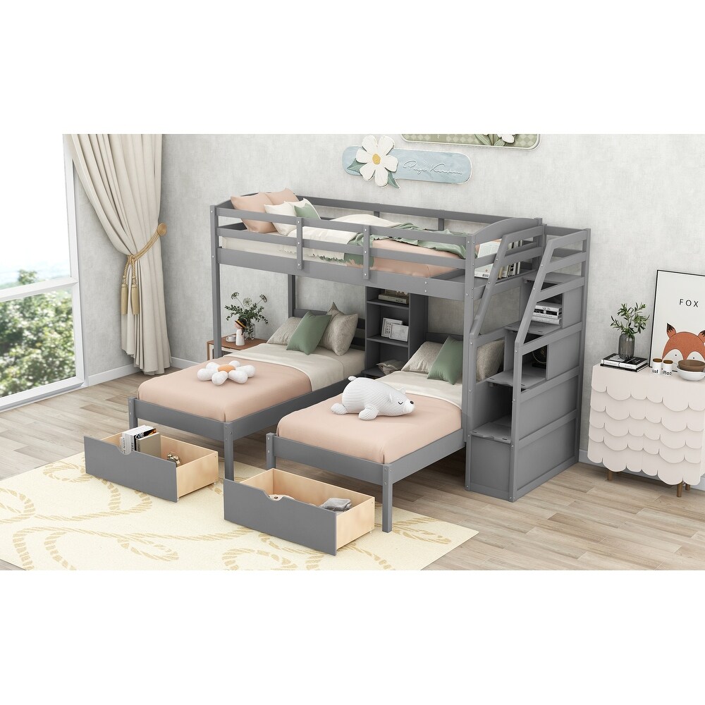 Twin Over Twin Twin Bunk Bed  Triple Bunk Bed w/Drawers  Staircase with Storage  Built in Shelves  for 3 Kids Teens Adults  Grey