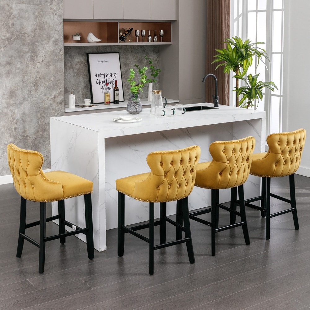 Contemporary Velvet Bar Upholstered Wing Back Barstools with Button Tufted Decoration and Wooden Legs  Set of 4