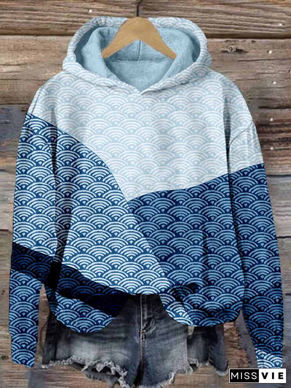 Mountain Background with Japanese Wave Pattern Cozy Hoodie