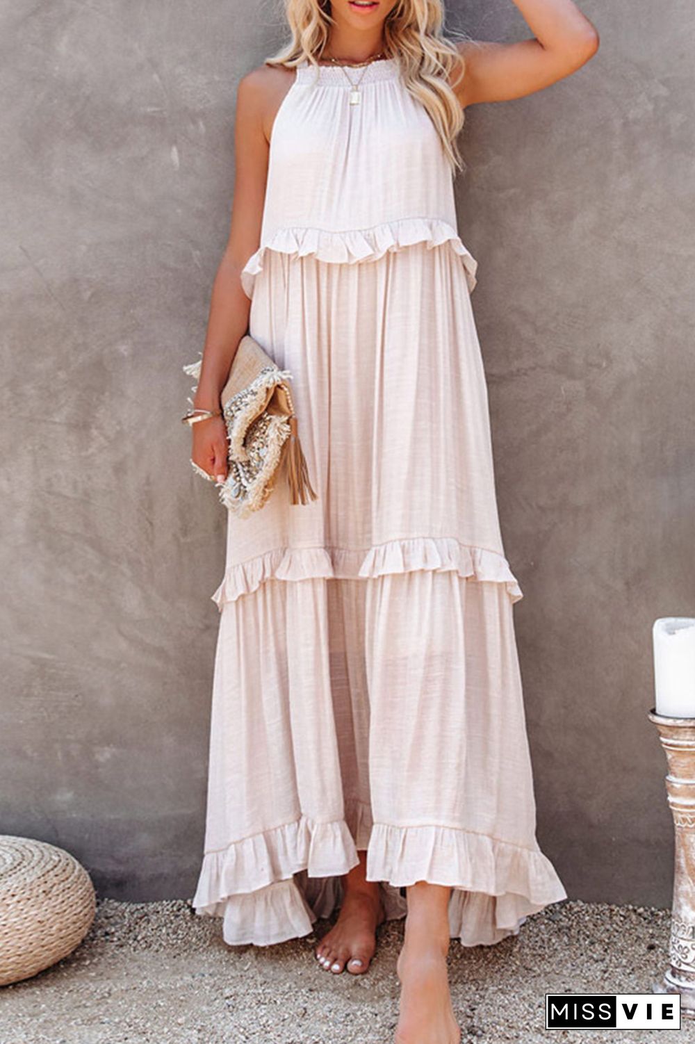 Ruffle Trim Shirred Tie Back Maxi Dress