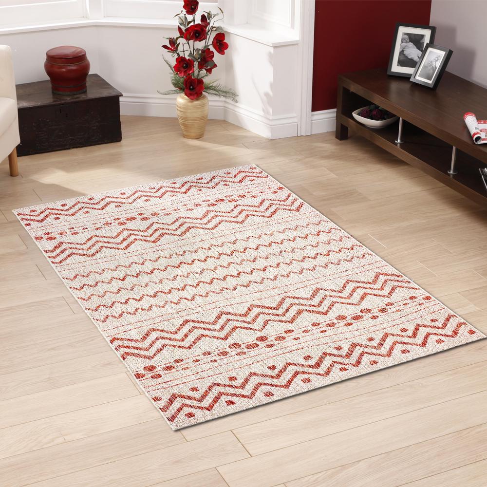 Sun Shower All Weather Beige Red 5 Feet x 8 Feet Polypropylene Machine Made Modern Contemporary Geometric with No Backing Indoor Outdoor Rectangle Area Rug  Crowdfused