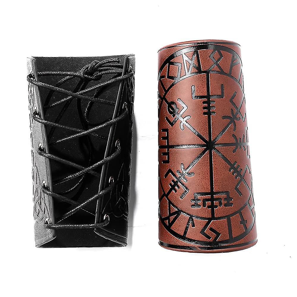 2pcs Leather Gauntlet Wristband Punk Bracer Leather Arm Guards Gauntlet Viking Runic Compass Embossed Arm Bracers Medieval