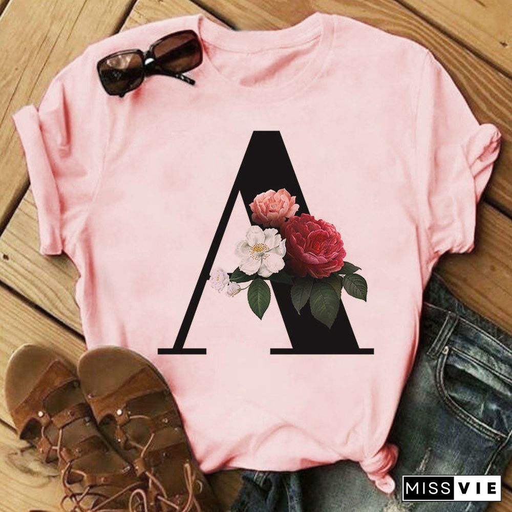 26 Letter Alphabet A-Z Women T-Shirts Fashion Breathable Flowers Short Sleeve Casual Tops Couple Basic Tee Crew Neck Clothes Top