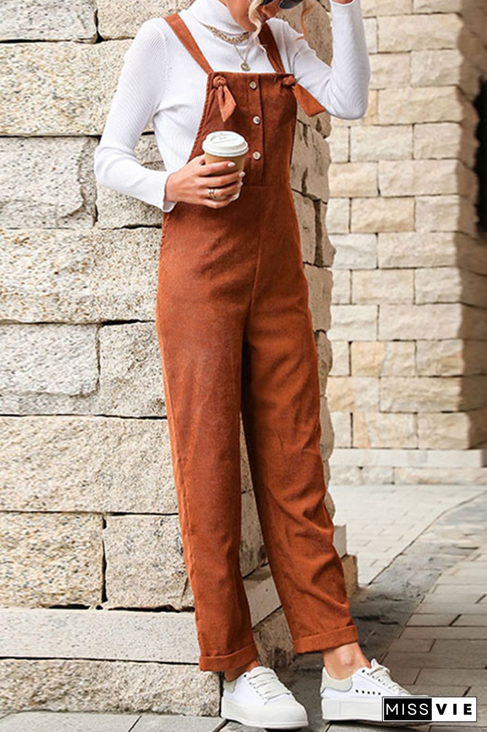 Brown Button Down Tie Strap Corduroy Jumpsuits