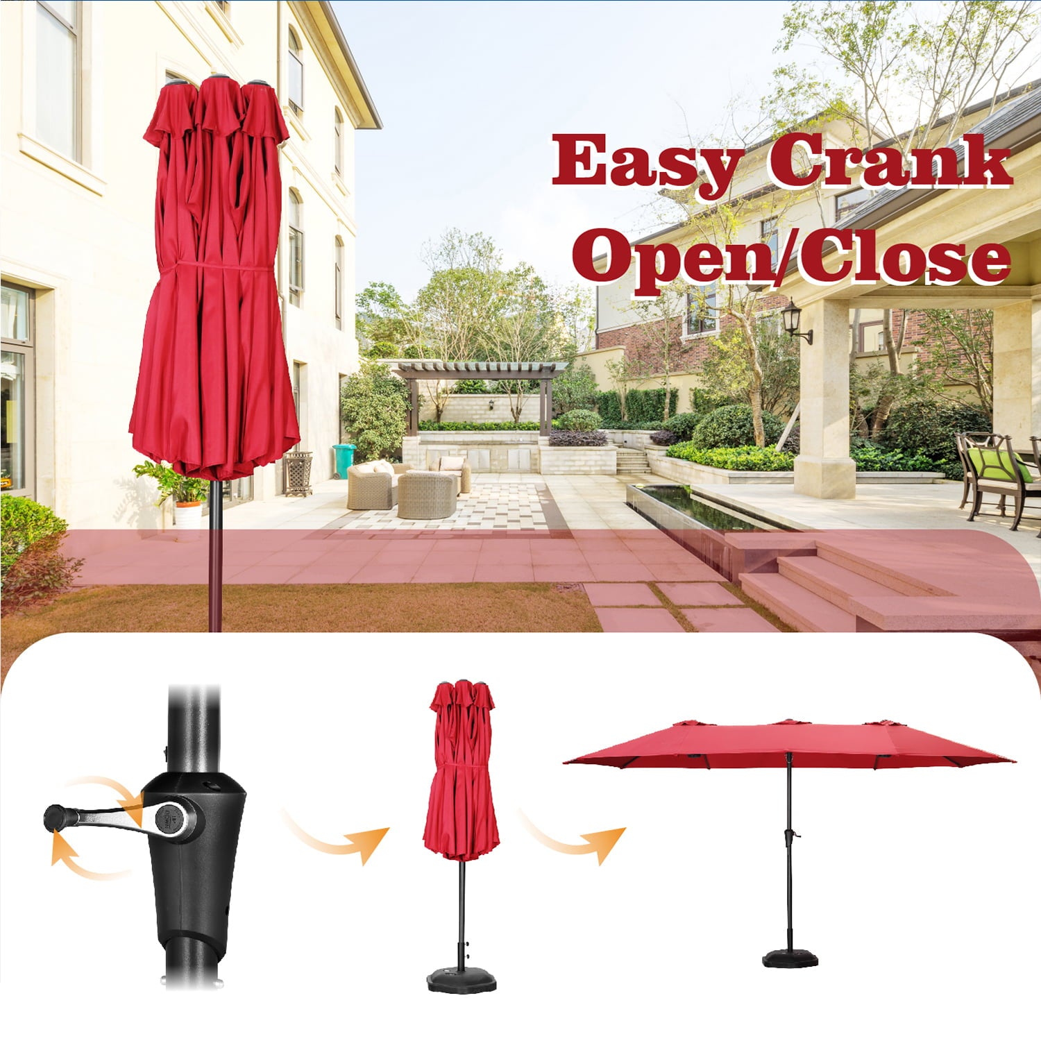 Wesfital 15ft Large Rectangle Umbrellas Double-Sided Outdoor Market Umbrella with UV Sun Protection & Easy Crank for Backyard, Poolside, Lawn and Garden, Red