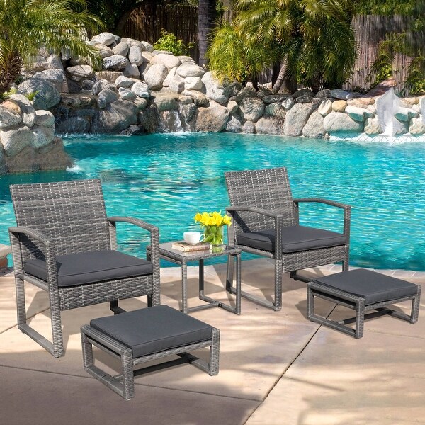 5Piece Patio Wicker Chat Set with Armchairs，Ottomans and Side Table