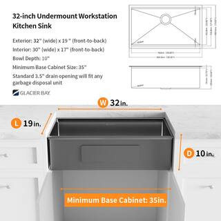 Glacier Bay 32 in. Gunmetal Black Stainless Steel Single Bowl Undermount Workstation Kitchen Sink with Black Spring Neck Faucet ACS3219A1-FW